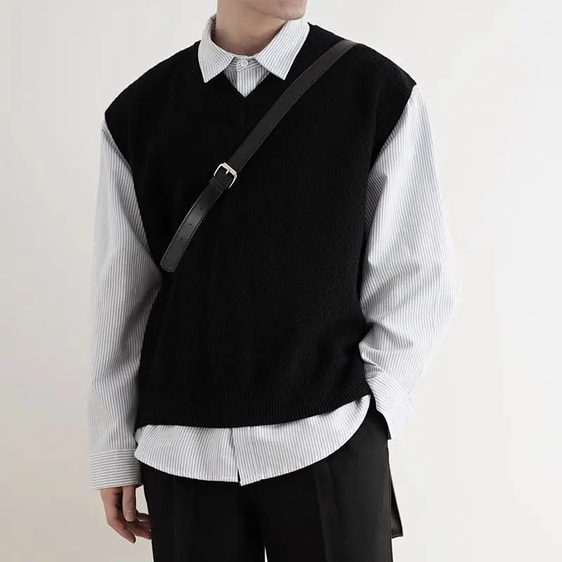 Men'S Fashion V Neck Sweater - 2024 أوائل الخريف بسيط أسود الخامس